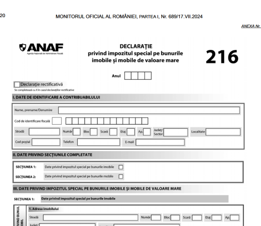 OPANAF nr. 3738/2024 – noul formular D 216 „Declarație privind impozitul special pe bunurile imobile și mobile de valoare mare”
