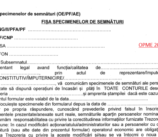 Fişa specimenelor de semnnturi – model pentru O.P.M.E. Trezorerie (valabil 2024)