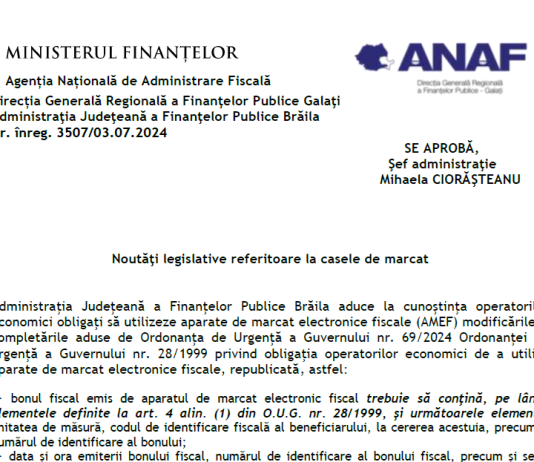ANAF (oficial 07.2024) – noutăţi legislative referitoare la casele de marcat