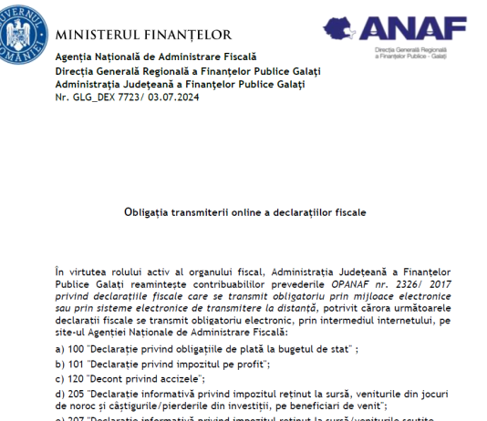 ANAF (oficial 07.2024) – obligația transmiterii online a declarațiilor fiscale