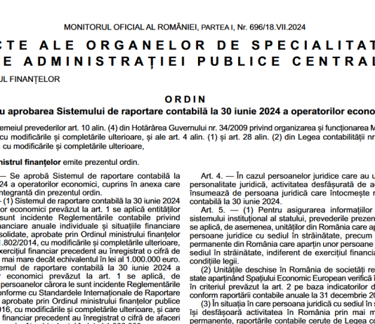 OMF nr. 3100/2024 – pentru aprobarea Sistemului de raportare contabilă la 30 iunie 2024 a operatorilor economici (bilant iunie 2024)