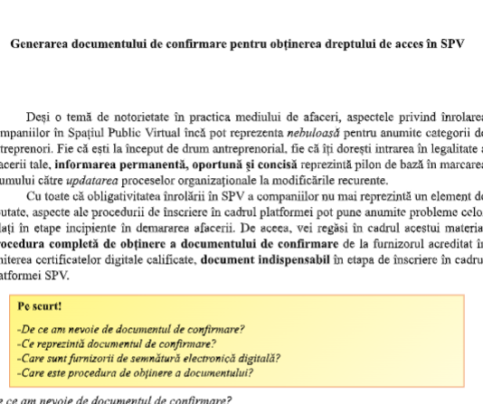 Generarea documentului de confirmare pentru obținerea dreptului de acces în SPV