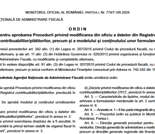 OPANAF nr. 3792/2024 – procedură modificare din oficiu a datelor din Registrul contribuabililor/plătitorilor