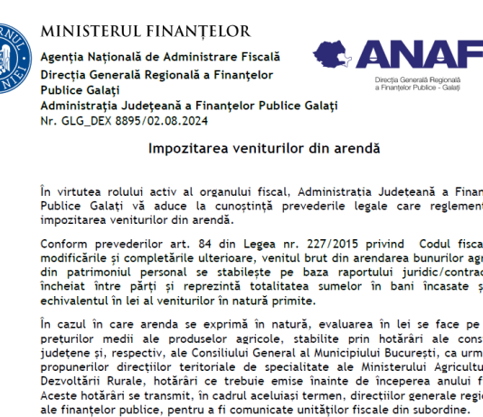 Impozitarea veniturilor din arendă – material oficial ANAF (actualizat august 2024)