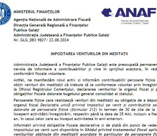 ANAF (info actualizat 2024) – impozitarea veniturilor din meditatii