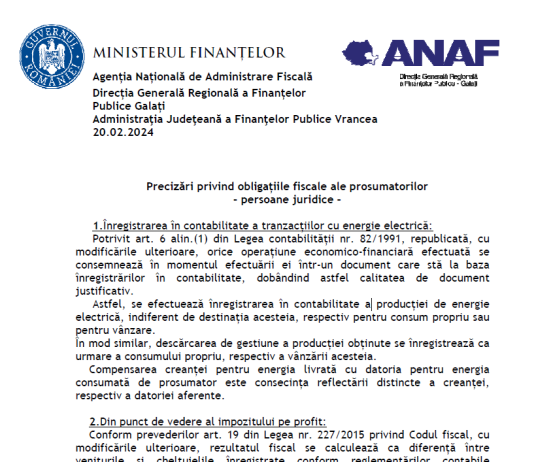 ANAF – precizări privind obligațiile fiscale ale prosumatorilor (persoane juridice)