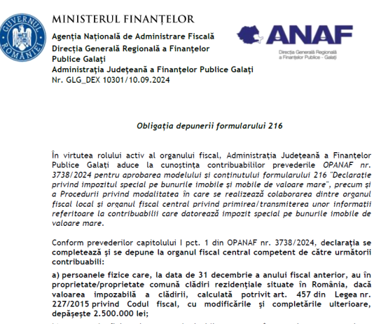 ANAF – precizari oficiale noi cu privire la obligația depunerii formularului 216 (info septembrie 2024)
