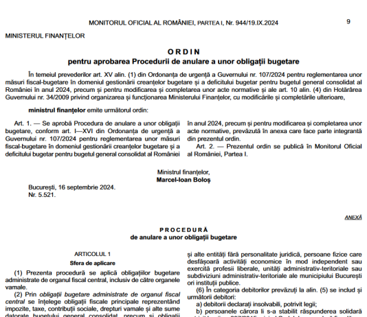 OMF nr. 5521/2024 – pentru aprobarea Procedurii de anulare a unor obligații bugetare (aplicare OUG nr. 107/2024)