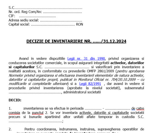 Decizie numire comisie pentru realizarea inventarierii anuale la 31.12.2024 – model actualizat, orientativ, editabil și gratuit