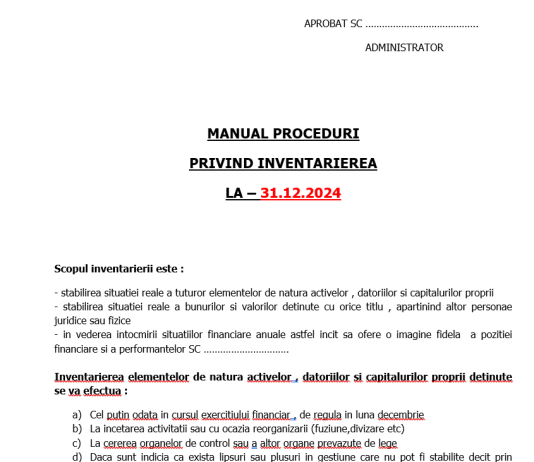 Manual Proceduri Inventariere – gratuit, editabil, orientativ (document necesar în procesul inventarierii anuale la 31.12.2024 )