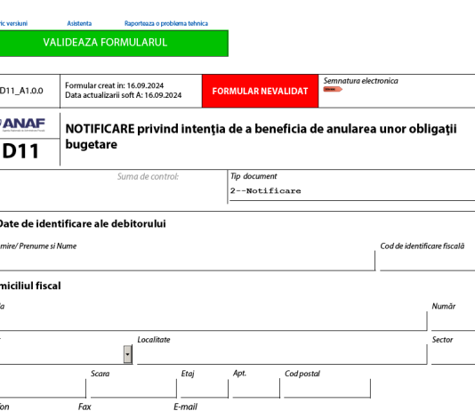 D11 – CERERE DE ANULARE a unor obligații bugetare/ NOTIFICARE privind intenția de a beneficia de anularea unor obligații bugetare