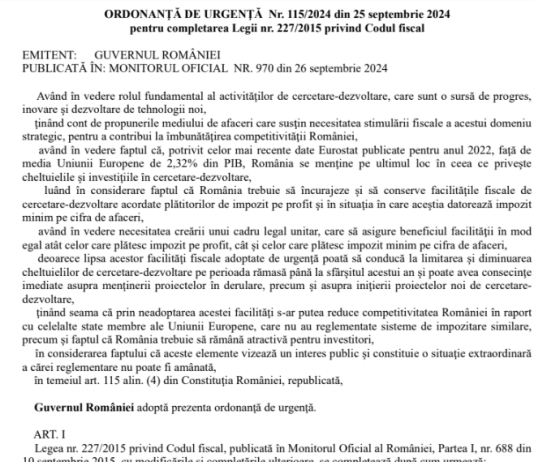 OUG nr. 115/2024 – pentru completarea Legii nr. 227/2015 privind Codul Fiscal (activităţi de cercetare-dezvoltare)