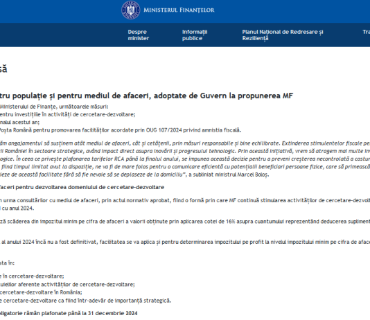MF – măsuri de sprijin a mediului de afaceri pentru dezvoltarea domeniului de cercetare-dezvoltare, parteneriat între MF/ANAF și Poșta Română pentru OUG nr. 107/2024