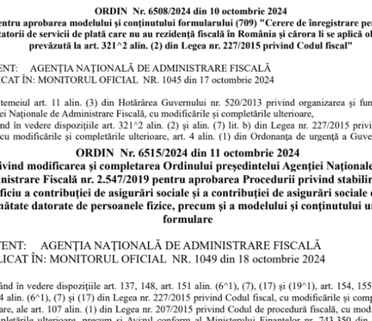 ANAF – formular înregistrare prestatori servicii deplata (OPANAF nr. 6508/2024) și actualizare impunere din oficiu (OPANAF nr. 6515/2024)