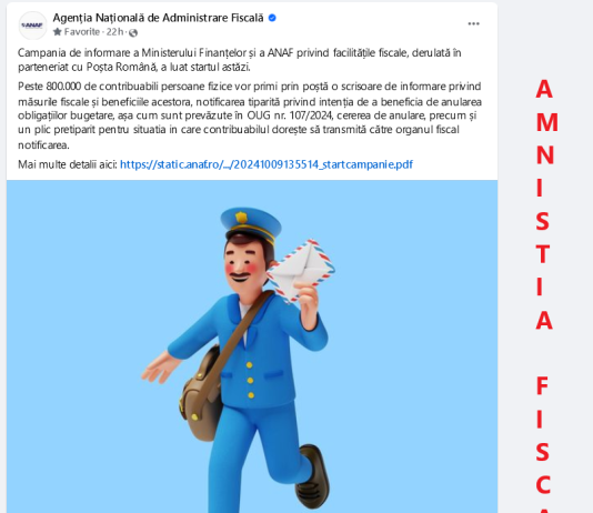 NEWS – campania de informare a Ministerului Finanțelor și a ANAF privind facilitățile fiscale, derulată în parteneriat cu Poșta Română, a luat startul in 09.10.2024