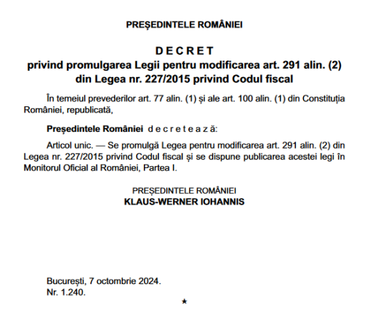 Legea nr. 254/2024 – modificari Cod Fiscal (în vigoare de la data de 1 ianuarie 2025)