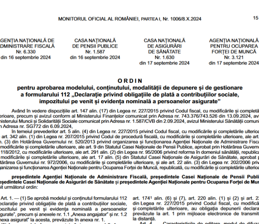 OPANAF nr. 6330/2024 – modificari la Declaratia/Formularul 112 (aplicabile incepand cu luna septembrie 2024)