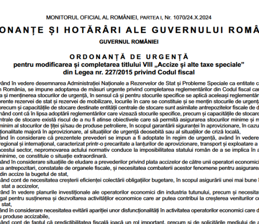 OUG nr. 123/2024 – modificari Cod Fiscal (accize și alte taxe speciale)