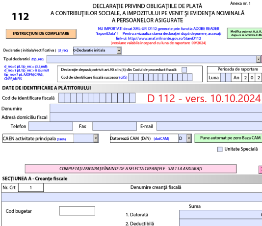 Declarația 112 (2024) – ANAF a actualizat azi, 10.10.2024, PDF-ul inteligent oficial (incepand cu luna de raportare 09/2024)