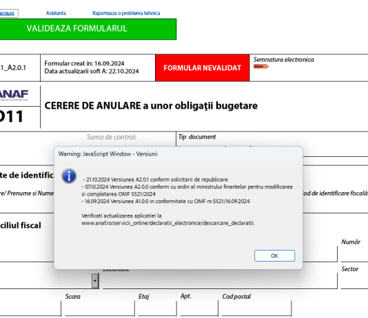 D11 (CERERE / NOTIFICARE anulare obligații bugetare) – ANAF a actualizat recent PDF-ul inteligent oficial
