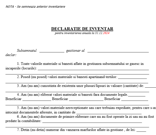 Se dă și se semnează înaintea începerii inventarului ANUAL – model „Declarație gestionar pentru inventar anual la 31.12.2024”