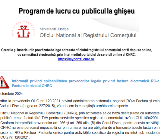 ONRC (important) – informații privind aplicabilitatea prevederilor legale privind factura electronică RO-e Factura (in funcție de CUI-ul instituției)
