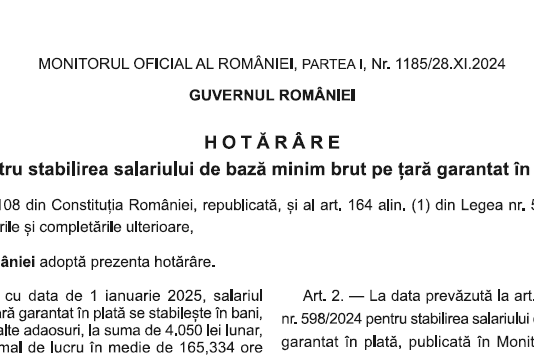 HG nr. 1506/2024 – pentru stabilirea salariului de bază minim brut pe țară garantat în plată (4.050 lei din 2025)
