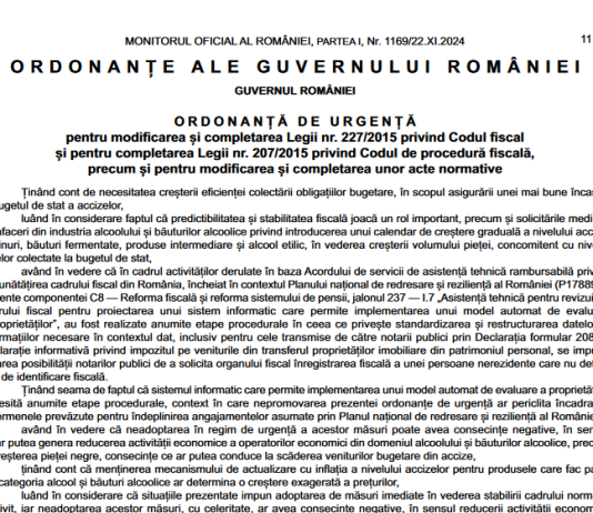 OUG nr. 132/2024 – modificări și completări la Codul Fiscal, la Codul de Procedură Fiscală, plus la alte acte normative