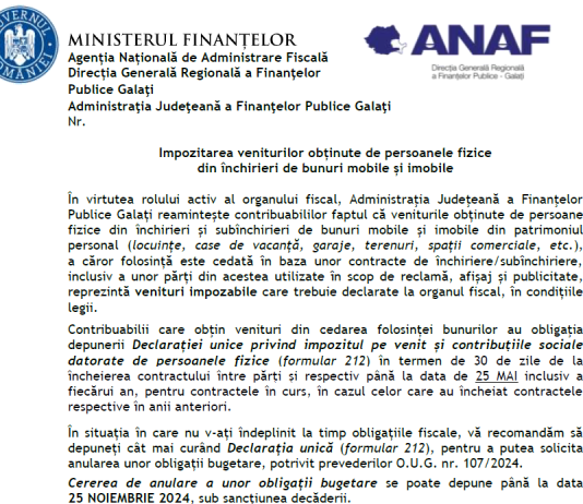 ANAF (oficial) – impozitarea veniturilor obținute de persoanele fizice din închirieri de bunuri mobile și imobile