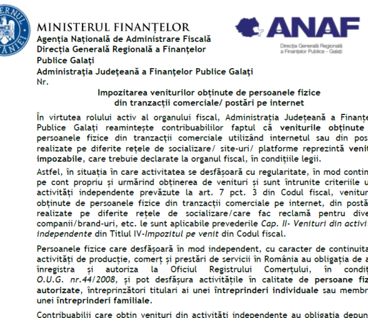 ANAF – impozitarea veniturilor obținute de persoanele fizice din tranzacții comerciale/ postări pe internet