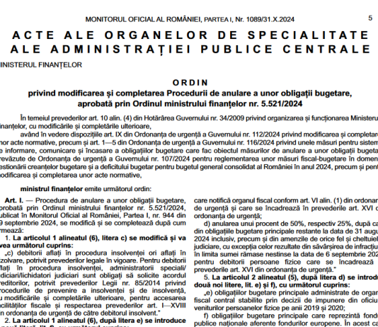 OMF nr. 6410/2024 – modificare procedură amnistie fiscală (modificări OMF nr. 5521/2024)