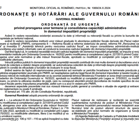 OUG nr. 124/2024 – modificari impozitare proprietate (info oficial si text integral)