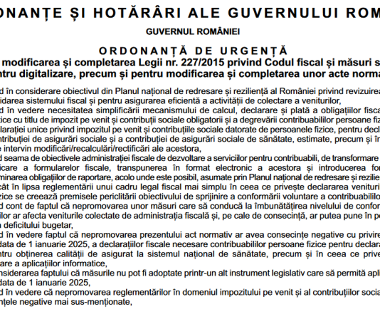 OUG nr. 128/2024 – noi modificari la Codul Fiscal (impozit venit si contrib. soc. obligatorii, masuri digitalizare, etc.)