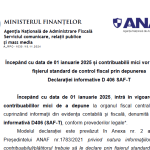 NEWS (oficial ANAF) – incepând cu data de 01.01.2025 și contribuabilii mici vor transmite fișierul standard de control fiscal prin depunerea Declarației informative D 406 (SAF-T)