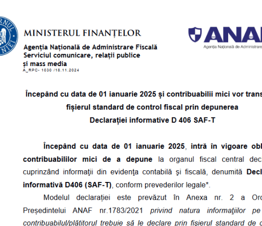 NEWS (oficial ANAF) – incepând cu data de 01.01.2025 și contribuabilii mici vor transmite fișierul standard de control fiscal prin depunerea Declarației informative D 406 (SAF-T)