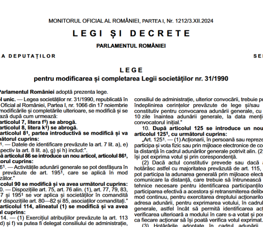 Legea nr. 299/2024 – pentru modificarea și completarea Legii societăților nr. 31/1990