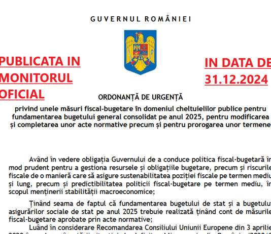 OUG nr. 156/2024 – sau „Ordonanța Trenuleț”, publicată azi in Monitorul Oficial nr. 1334/2024 (modificări fiscale importante începând cu 01.01.2025)