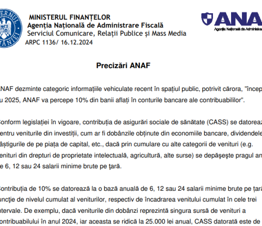 ANAF dezminte categoric informațiile vehiculate recent în spațiul public, potrivit cărora, ”începând cu 2025, ANAF va percepe 10% din banii aflați în conturile bancare ale contribuabililor”