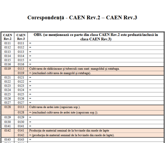Informare ONRC (pentru 2025) – CAEN Rev.3 structura completă și tabelul de corespondenta CAEN Rev.2 – CAEN Rev.3
