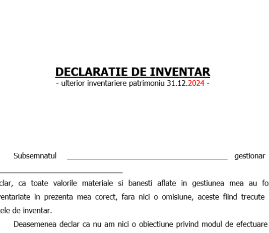 Model „Declarație gestionar final inventar la 31.12.2024” – formular ce se completează după efectuarea procesului de inventariere anuală