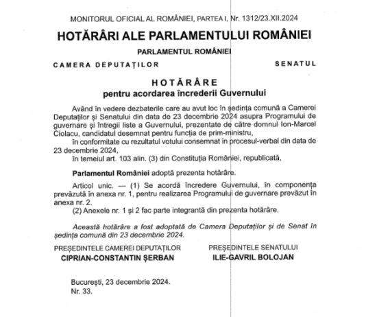 Hotărârea Parlamentului nr. 33/2024 – ASPECTE FISCALE DIN NOUL PROGRAM DE GUVERNARE