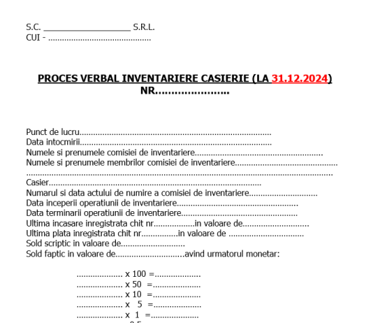 Proces-Verbal inventariere numerar casierie unitate – model pentru dosar inventar anual 31.12.2024 (editabil, gratuit)