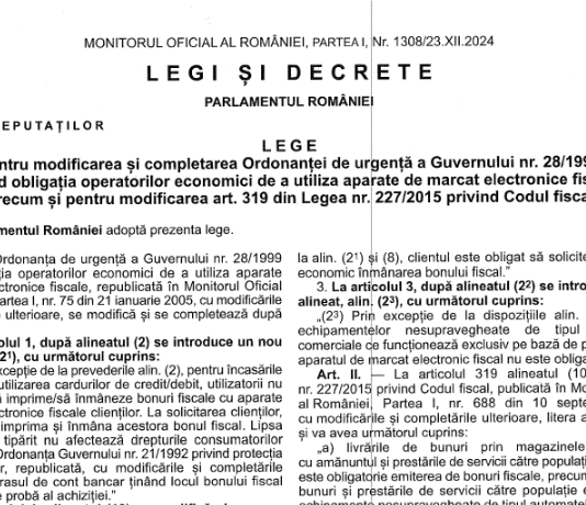 Legea nr. 317/2024 – modificari la casele de marcat (exceptii încasări realizate prin utilizarea cardurilor de credit/debit, exceptie casă marcat automate, etc.)