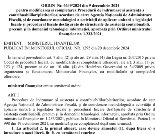 OMF nr. 6649/2024 – modificare procedură îndrumare contribuabili de catre ANAF (oficial – info si text)
