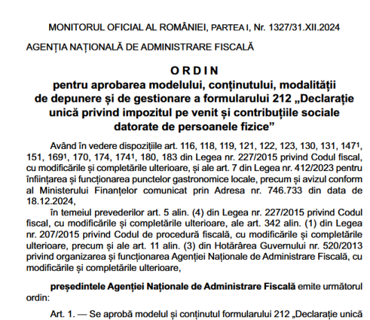 OPANAF nr. 7015/2024 – modificari noi, din 2025, la Formularul 212 „Declarație unică privind impozitul pe venit și contribuțiile sociale datorate de persoanele fizice”