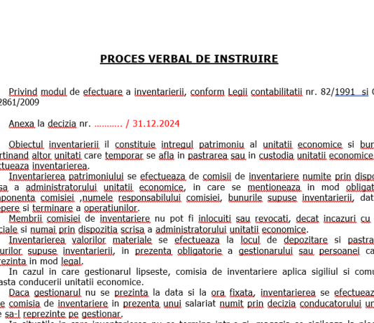 Model „Proces-Verbal de instruire” – pentru membrii comisiei de inventariere anuală, la 31.12.2024 (editabil)