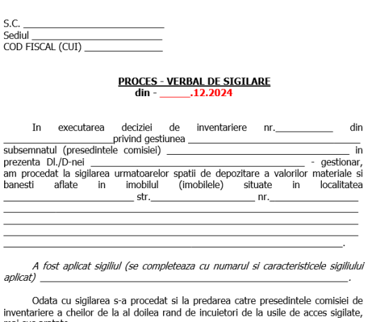 Proces-Verbal de sigilare (gratuit, editabil) – model util la dosar inventariere anuală la 31.12.2024
