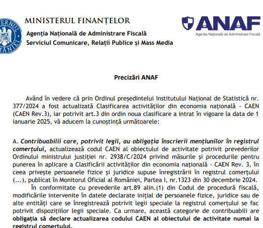 Precizări ANAF – obligații cu privire la actualizarea codului CAEN al obiectului de activitate potrivit CAEN Rev. 3 (oficial)