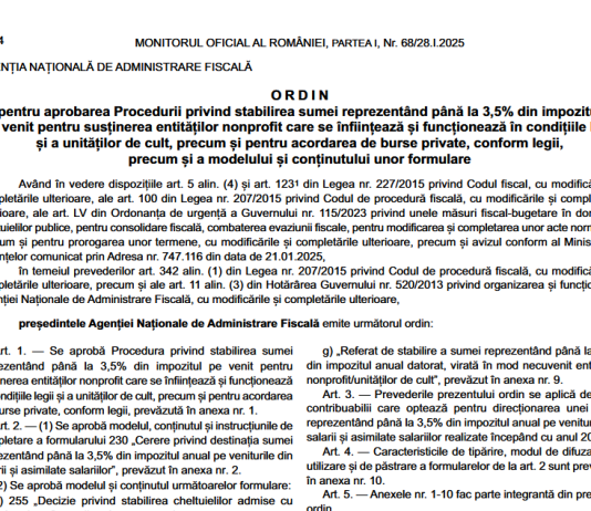 OPANAF nr. 103/2025 – procedură nouă privind stabilirea sumei reprezentând până la 3,5% din impozitul pe venit (D 230)