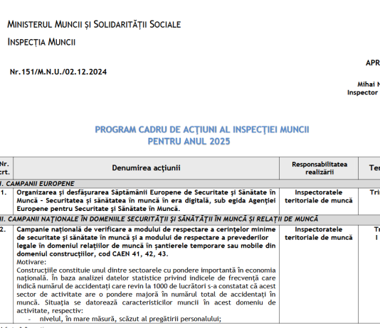 OFICIAL – programul cadru de acțiuni de control al Inspecției Muncii pentru anul 2025